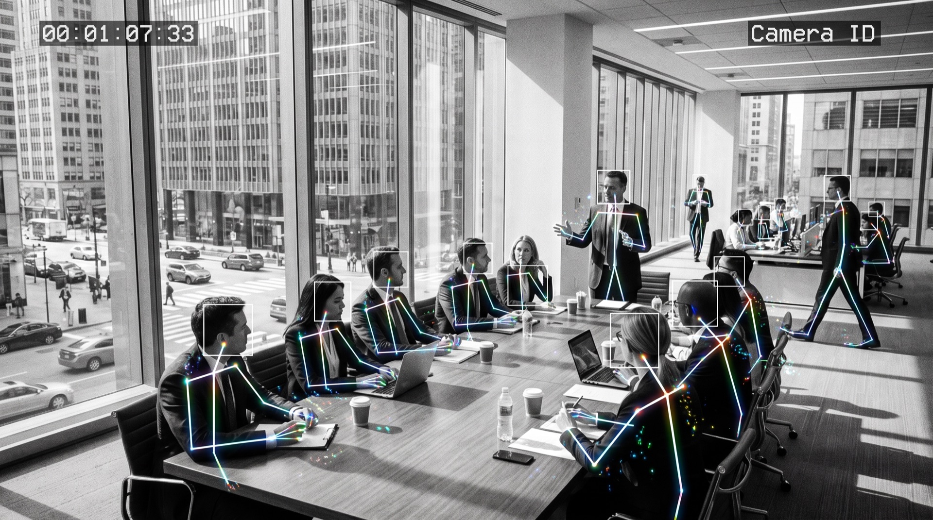 A meeting room where every participant is tracked as a wireframe skeleton